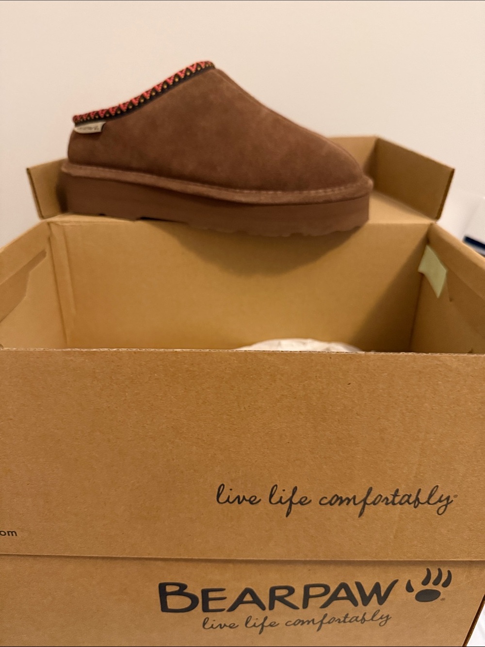 BearPaw Brown Suede Slip-On Mule with Patterned Trim